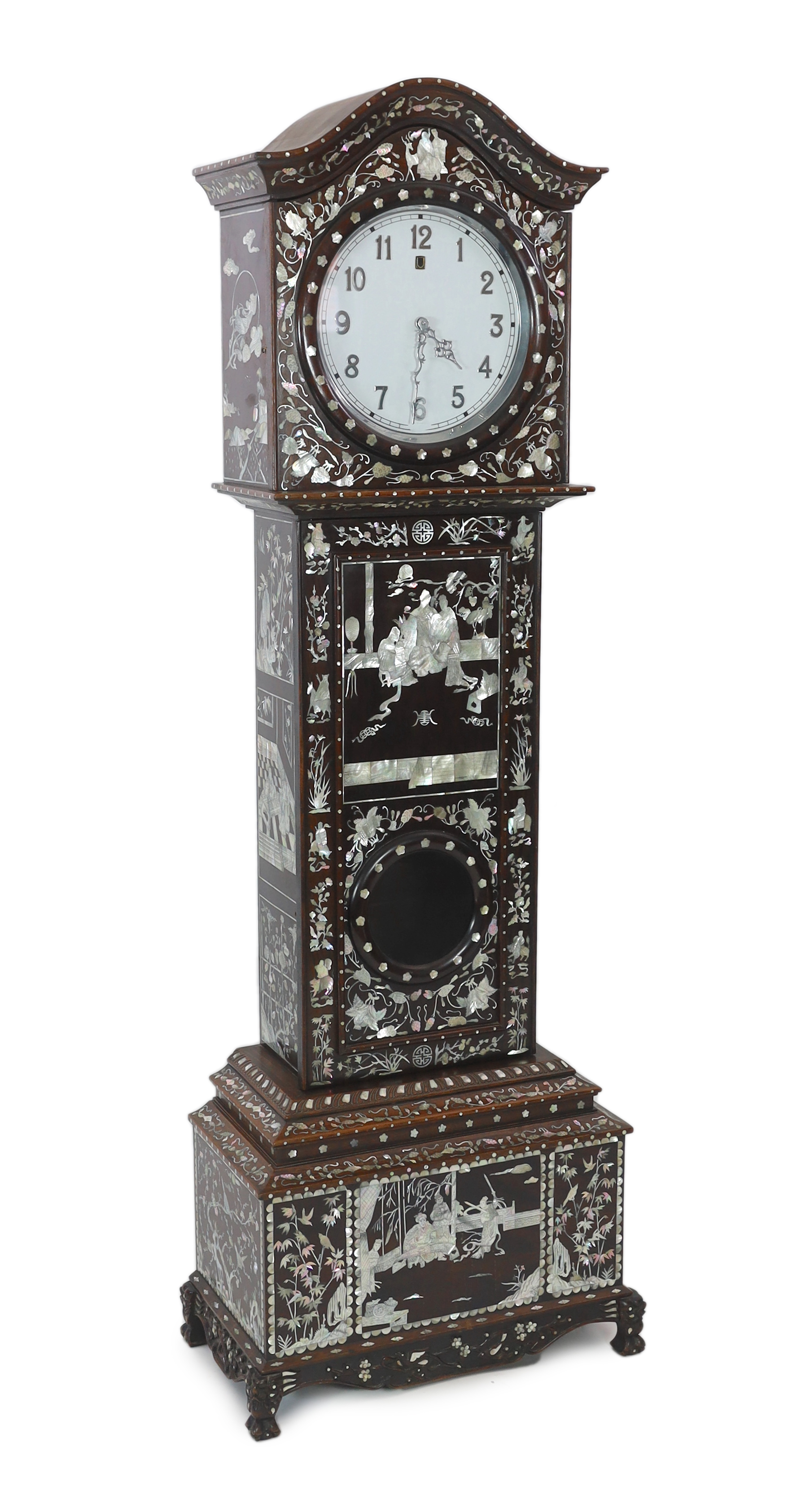 A Chinese hardwood and mother-of-pearl inlaid longcase clock, mid 20th century
